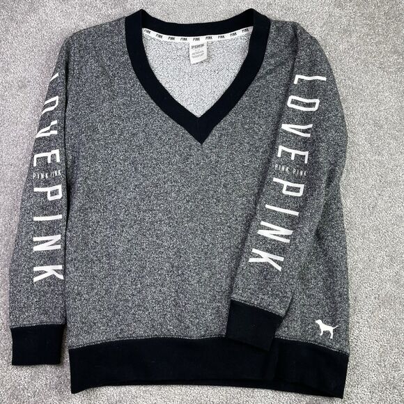 Victoria’s Secret PINK Gray V-Neck Logo Sleeve Sweatshirt Small - Picture 1 of 10
